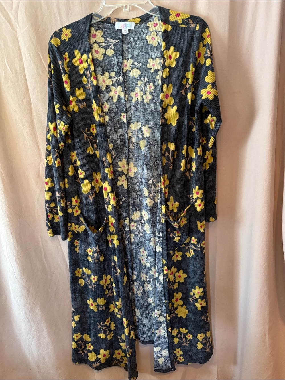 LuLaRoe Charcoal and Mustard Floral Open Cardigan
